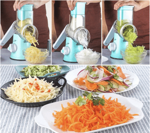 Rallador de Verduras Manual 3 en 1, Rayador Multifuncional de Acero Inoxidable con Rebanador y Cortadores de Hilo Grueso y Fino.